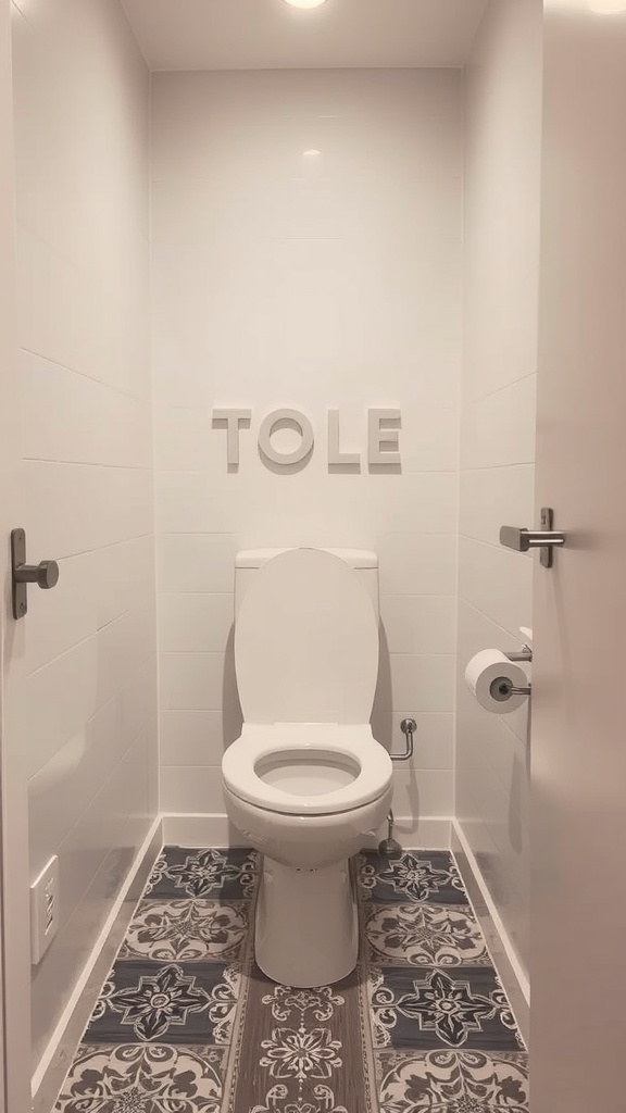 A small toilet room featuring a white toilet and patterned floor tiles.