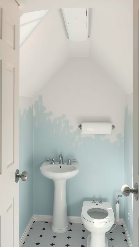 Small bathroom with slanted ceiling, featuring light blue walls and simple fixtures.