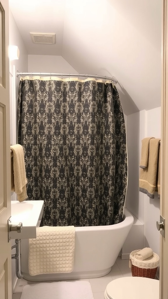 A small bathroom with a slanted ceiling featuring a patterned shower curtain, towels, and a bathtub.