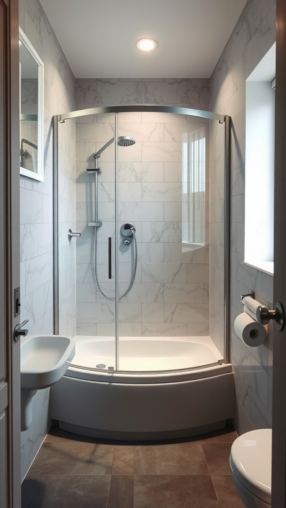 A small bathroom with a curved shower design, featuring light tiles and modern fixtures, showcasing efficient use of space with a slanted ceiling.