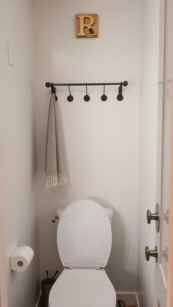 A small toilet room featuring a black towel bar with hooks, a white toilet, and a decorative letter 'R' on the wall.