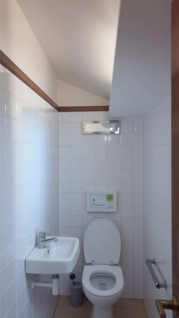 Small bathroom with a slanted ceiling, featuring a compact sink and toilet arrangement.