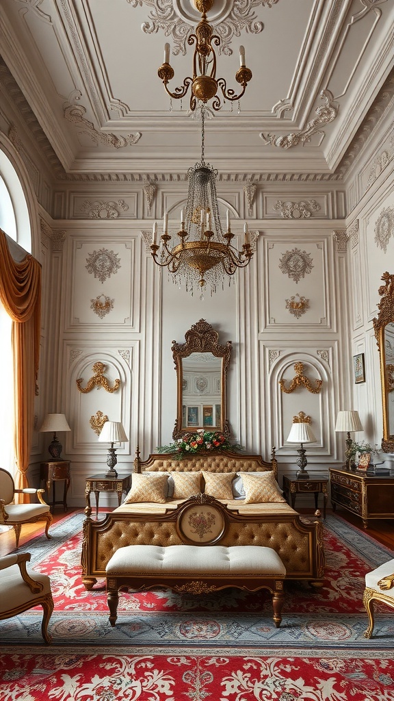 A luxurious French style bedroom featuring ornate furniture, a chandelier, and elegant decor.