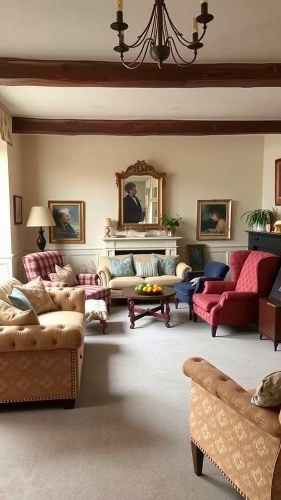 A classic English living room with various comfortable furniture styles, featuring a chandelier and artwork on the walls.