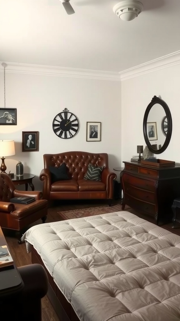 A stylish bedroom featuring classic leather furniture with a sofa, armchair, and decorative elements.