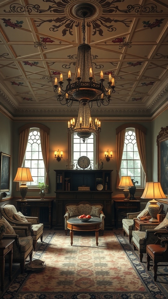 Classic English living room with elegant lighting fixtures