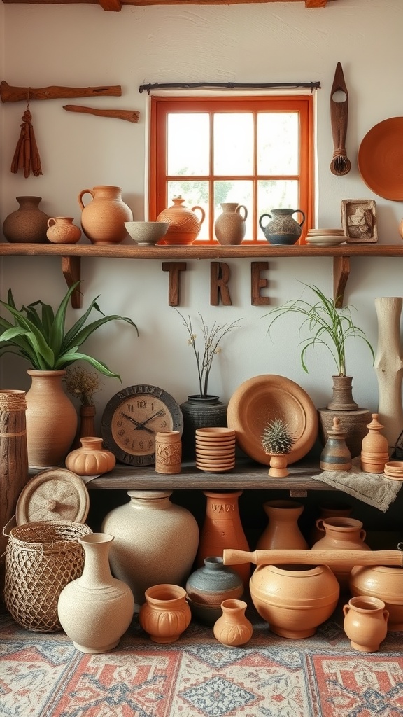 A collection of clay and pottery items displayed on shelves, showcasing various shapes and sizes, with plants to add vibrancy.