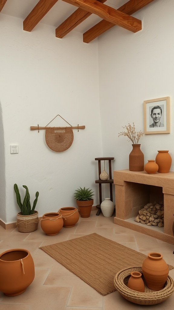 A country primitive living room featuring clay and terracotta accents with plants and wooden elements.