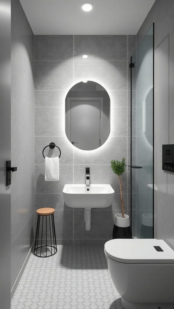 A minimalist small bathroom with clean lines, geometric shapes, an illuminated round mirror, a sleek sink, and natural elements.