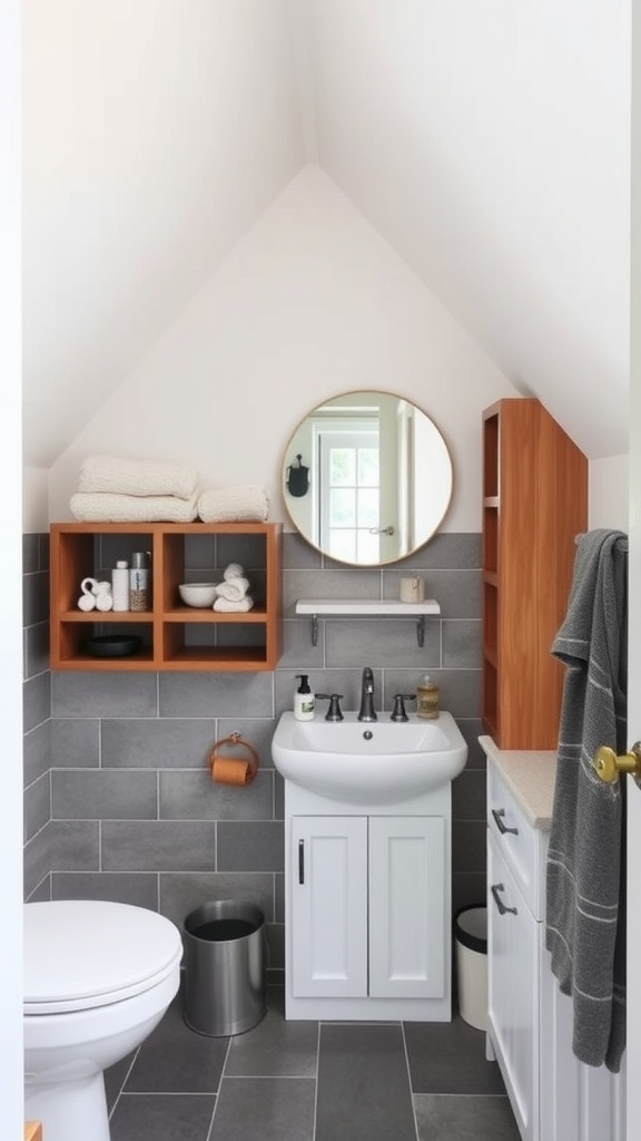 Small bathroom with slanted ceiling featuring clever storage solutions, including wooden shelves and under-sink cabinetry.