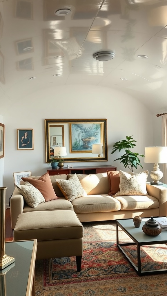 A trailer house living room featuring clever use of mirrors to enhance space and light.