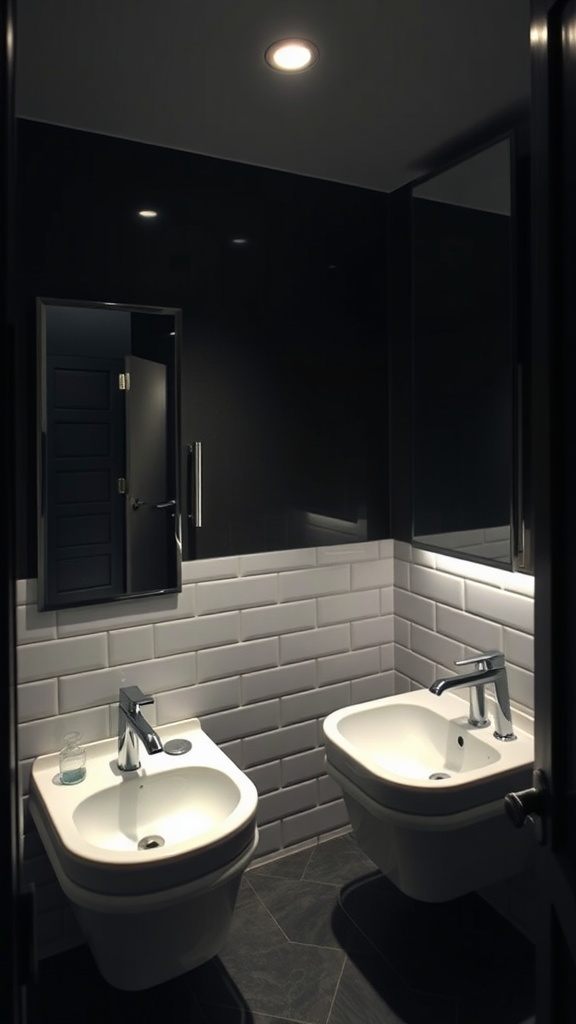 A small dark bathroom featuring two sinks and mirrors that create an illusion of space.