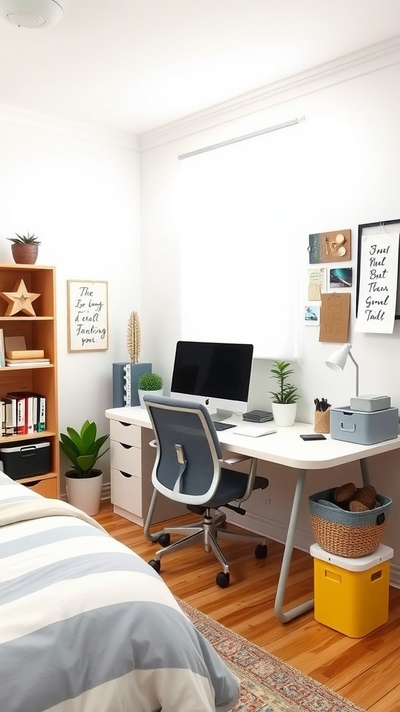 A cozy bedroom with an integrated workspace featuring a clean desk, plants, and decorative storage.