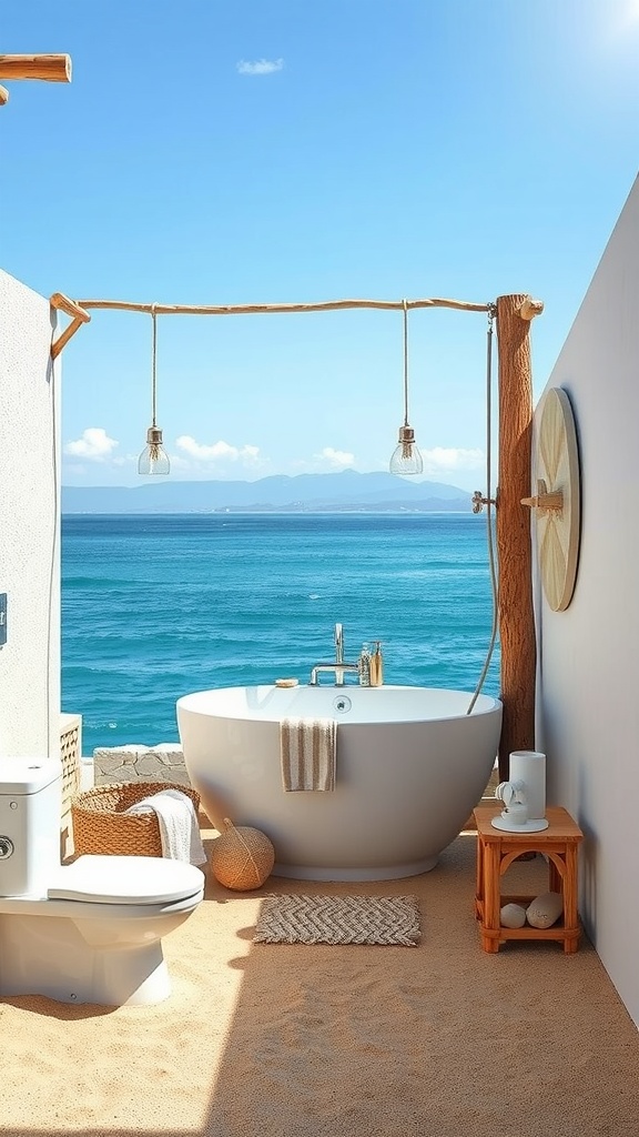 A coastal-inspired beach bathroom featuring a round bathtub, sandy floor, and ocean view.