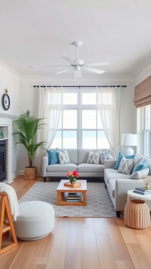 Coastal living room with light colors and natural decor