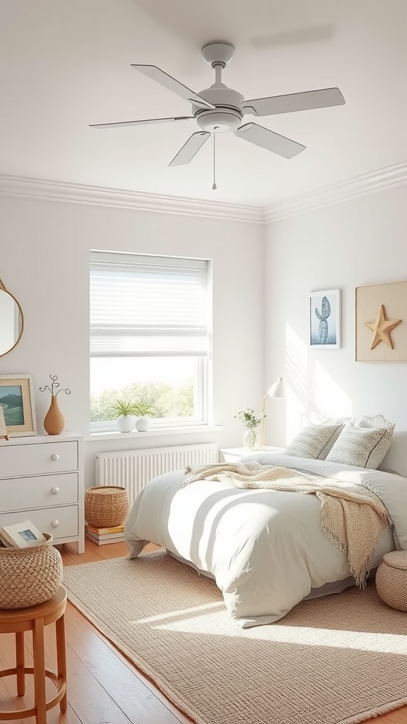 A bright and cozy coastal-themed bedroom featuring light colors, natural materials, and seaside decor.