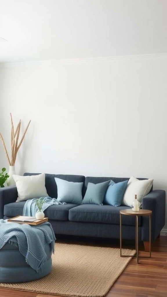 Cozy living room featuring a dark gray couch with soft blue pillows, a woven rug, and natural decor elements.