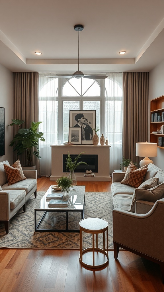 Elegant living room with neutral colors, modern furniture, and greenery