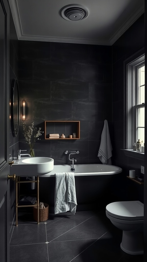 A dark-themed bathroom featuring deep tiles, a white bathtub, and wooden shelving.