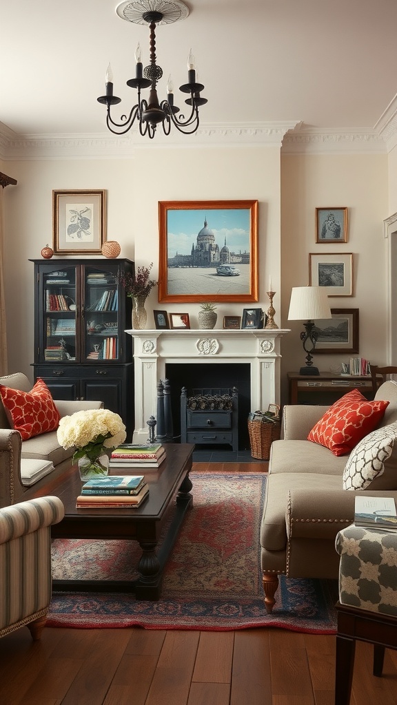 A cozy old English living room featuring elegant furniture, warm colors, and themed decor