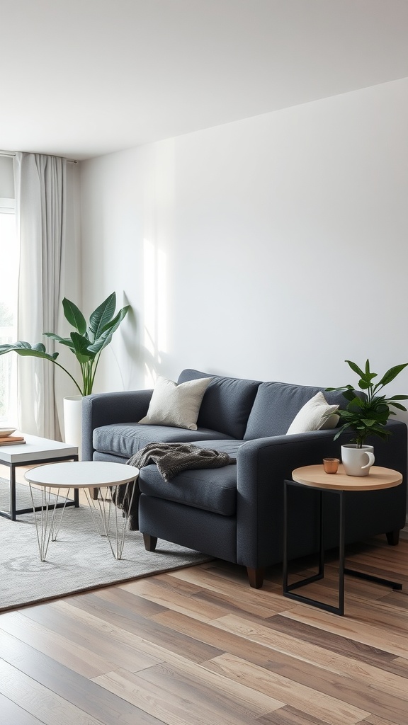 A cozy living room featuring a dark gray couch, white walls, wooden flooring, and decorative plants.