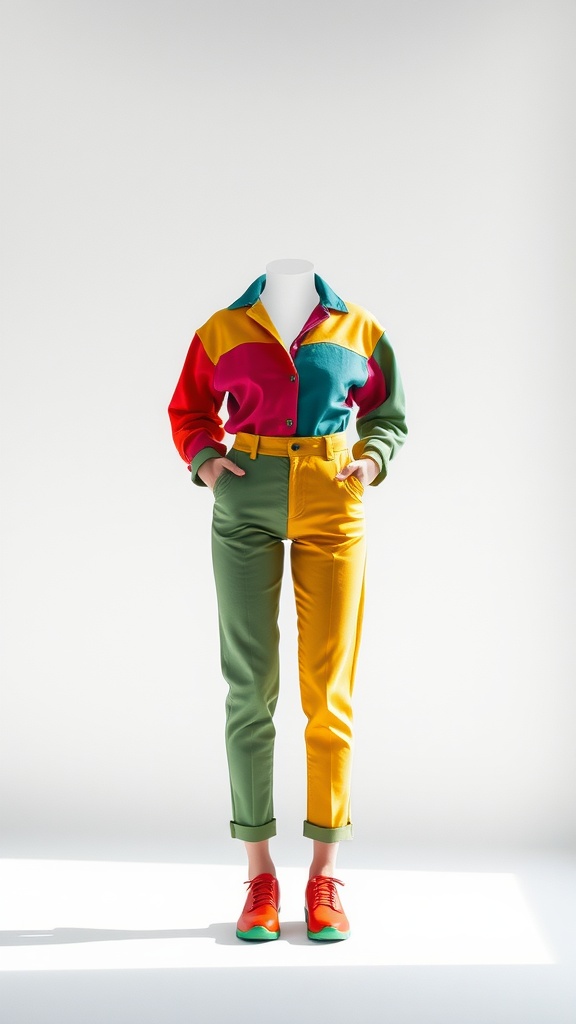 A mannequin displaying a colorful outfit with a color-blocked shirt and pants, complemented by vibrant shoes.