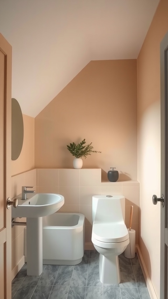 Small bathroom with slanted ceiling featuring peach walls, modern fixtures, and potted plant.