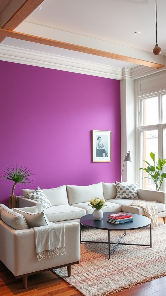 A living room featuring a vibrant purple accent wall, light-colored furniture, and decorative elements, creating a cozy and inviting atmosphere.