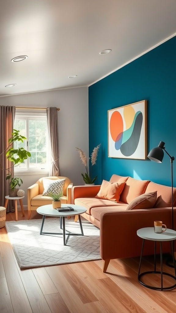 A cozy living room with a teal accent wall, orange sofa, and yellow chair.