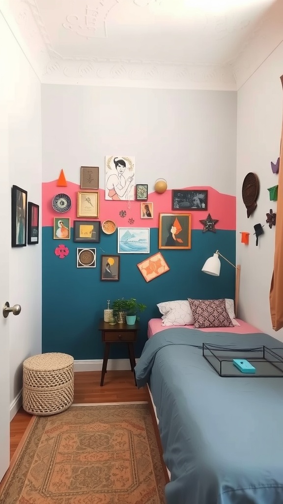 A cozy bedroom with a colorful accent wall featuring teal and pink, adorned with various framed artworks and a small plant.