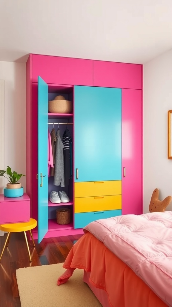 A colorful built-in wardrobe in a bedroom with pink, turquoise, and yellow accents.