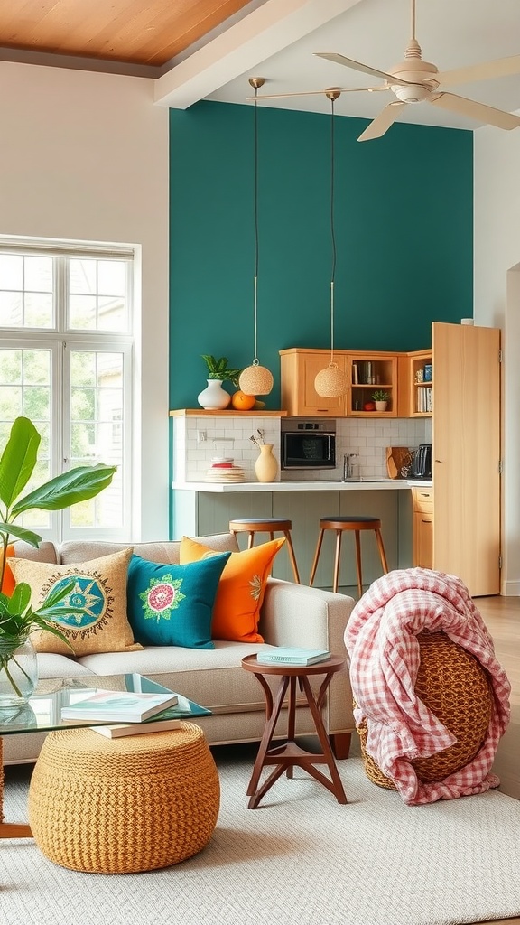 A bright living room and kitchen space with teal walls, colorful cushions, and woven accents.