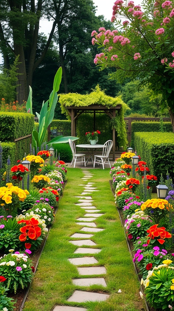 A beautiful garden pathway lined with colorful flowers and a gazebo at the end