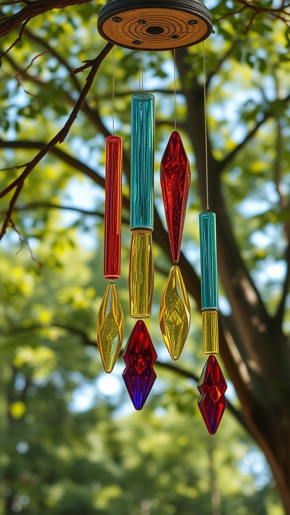 Colorful glass wind chimes hanging from a tree