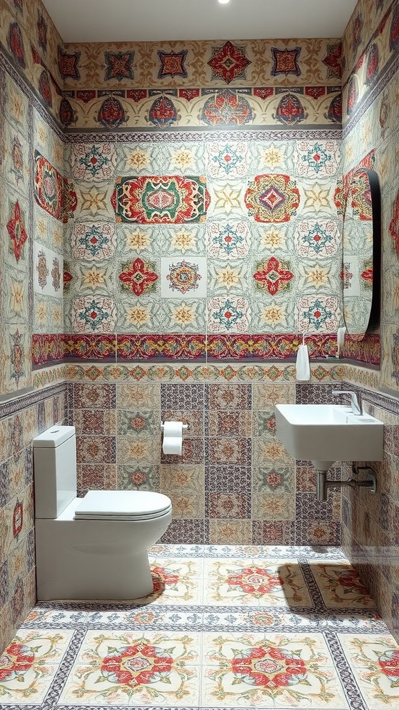 A colorful tiled ensuite bathroom featuring intricate patterns and designs.