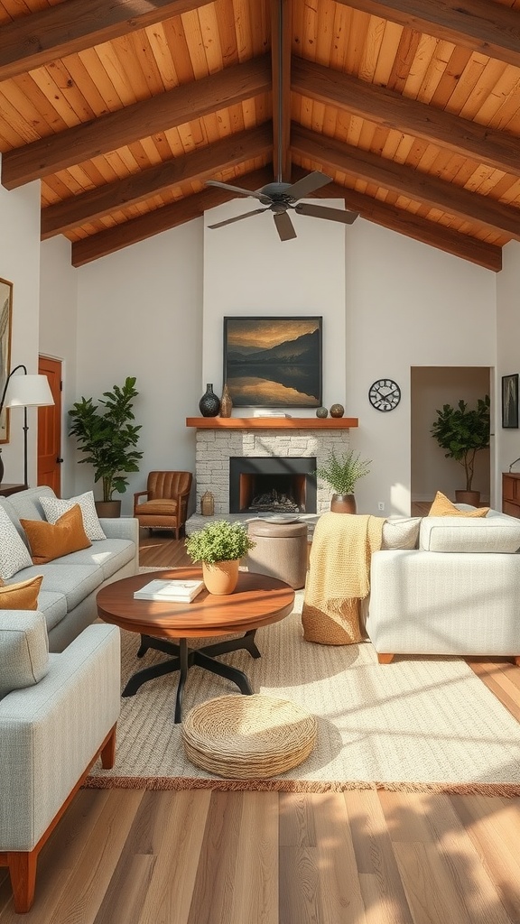 A cozy ranch-style living room featuring a blend of textures in furnishings, including soft sofas, a wooden coffee table, and a stone fireplace.