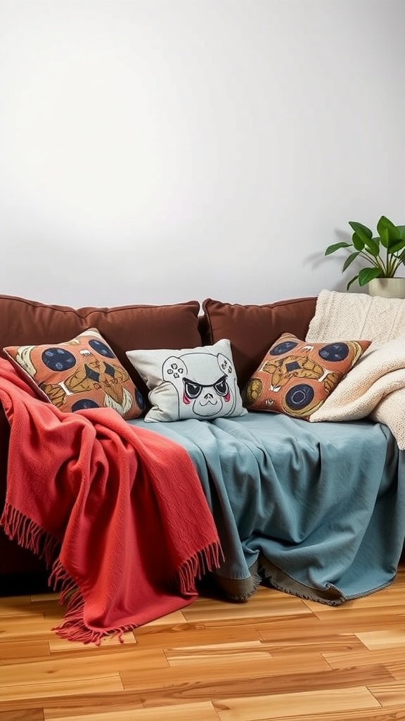 A cozy sofa setup with colorful pillows and warm blankets, ideal for a gaming room.