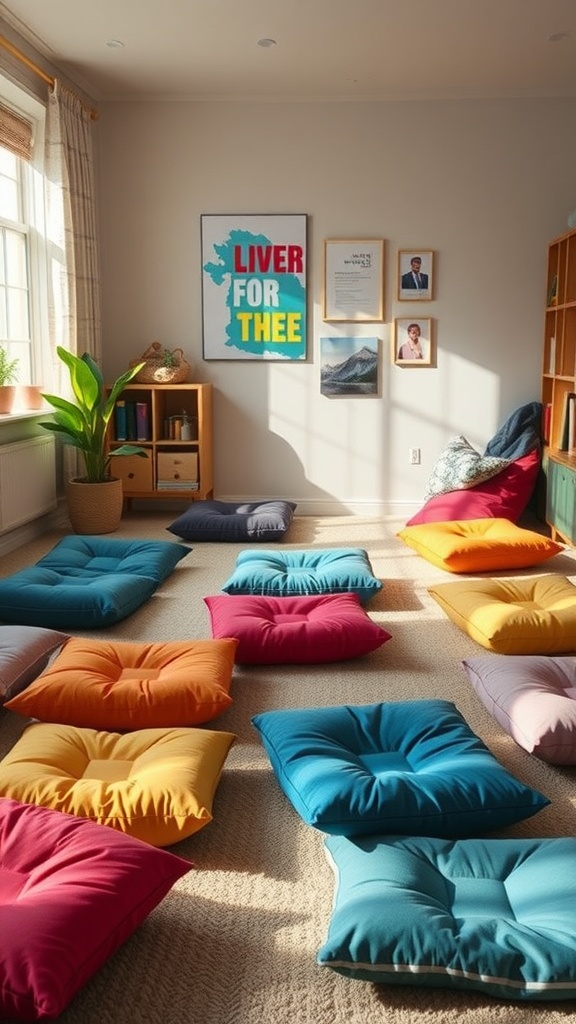 Colorful floor cushions arranged in a cozy living room