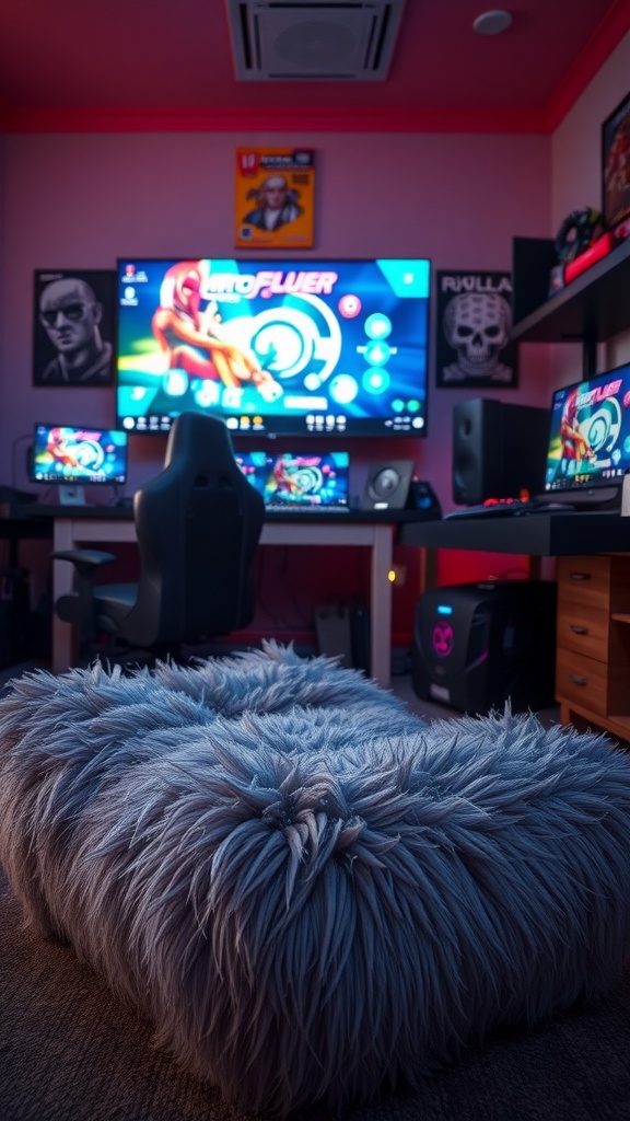 A cozy, fluffy footrest in a stylish gaming room, enhancing comfort for long gaming sessions.