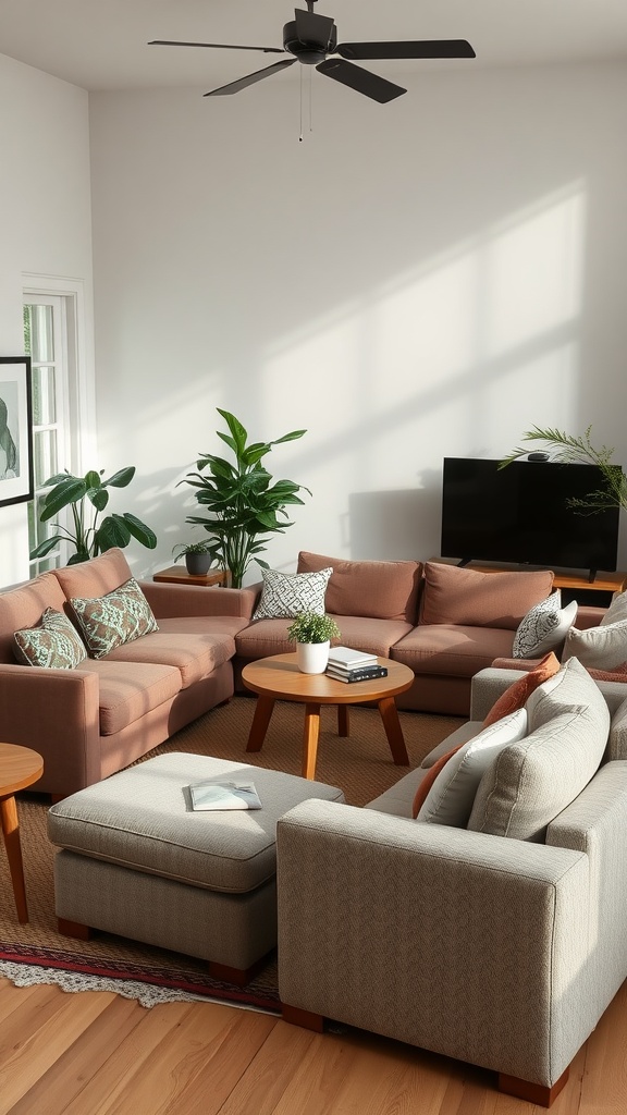 Cozy cottagecore aesthetic living room with overstuffed seating and plants.