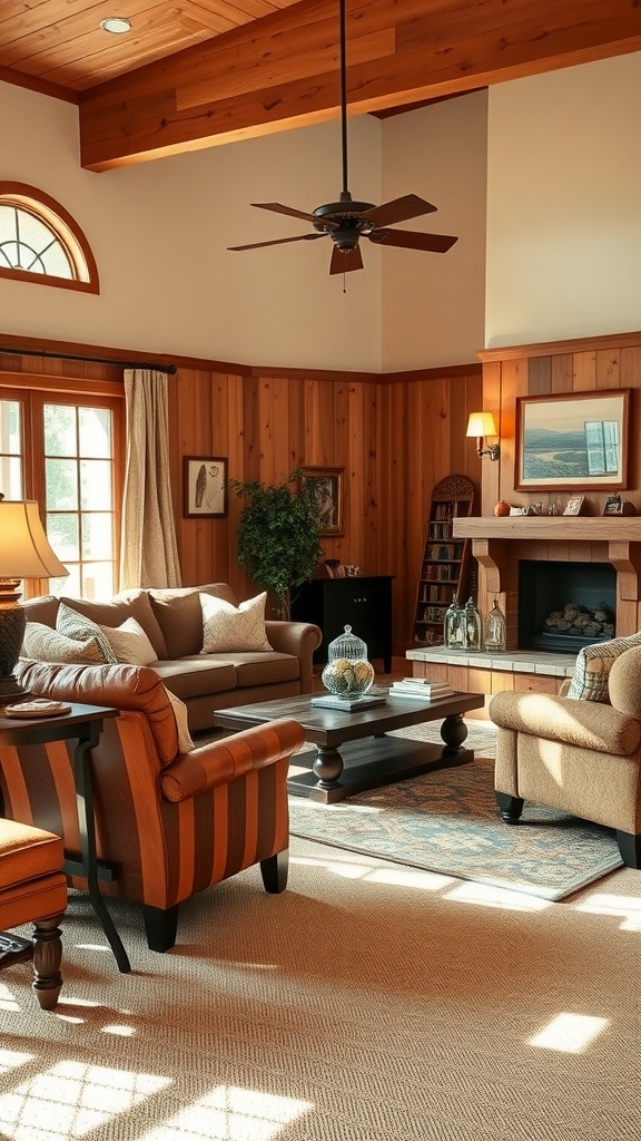 Cozy ranch-style living room with comfortable seating arrangements including a sofa and two chairs.