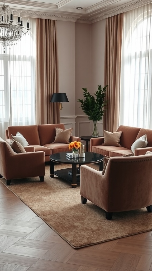 A comfortable and elegantly arranged living room with soft seating, a coffee table, and natural light.