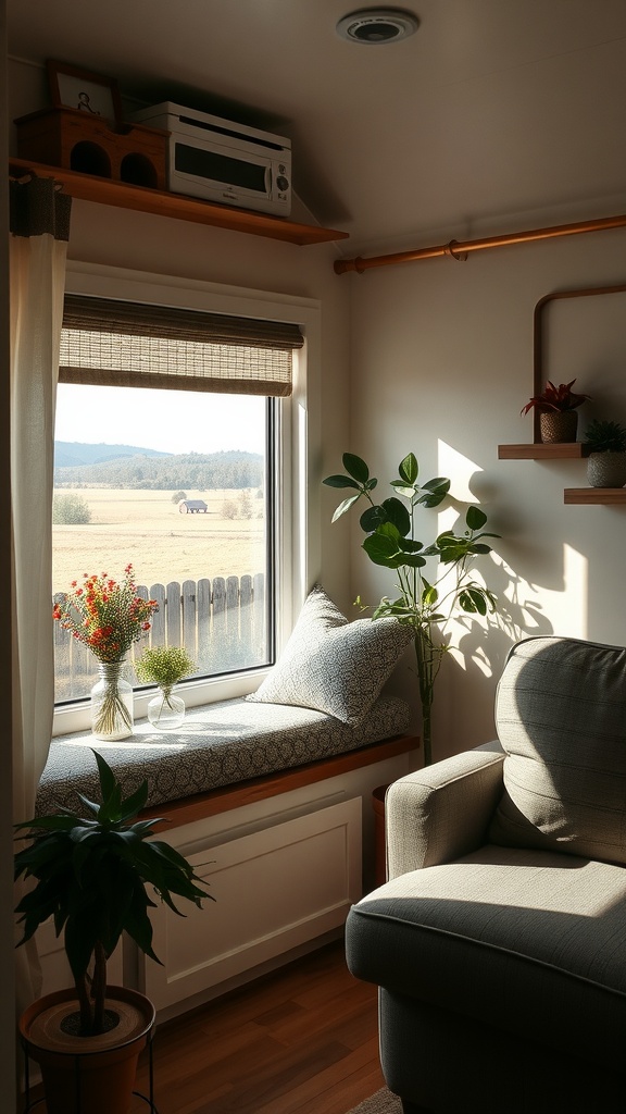 Cozy window seat with cushions, plants, and flowers, providing a comfortable nook in a mobile home.