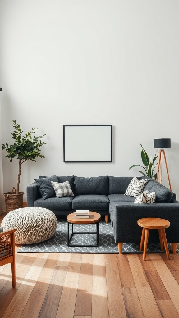 A cozy family room with a dark gray couch, patterned pillows, a coffee table, and plants.