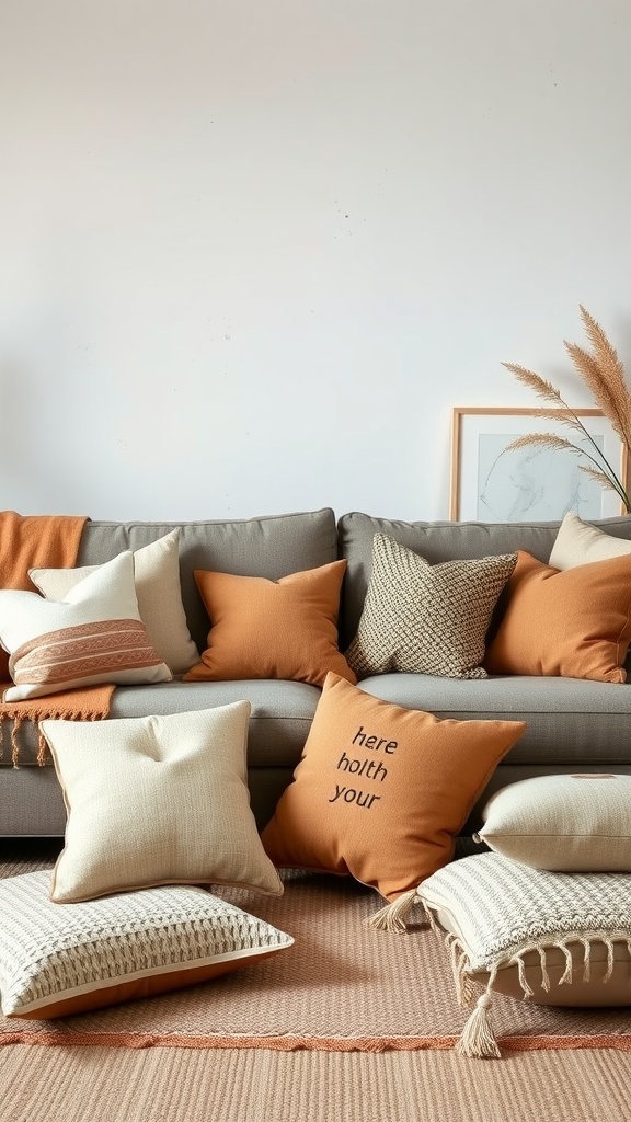 A cozy living room featuring a sofa adorned with various throw pillows in warm tones and textures.