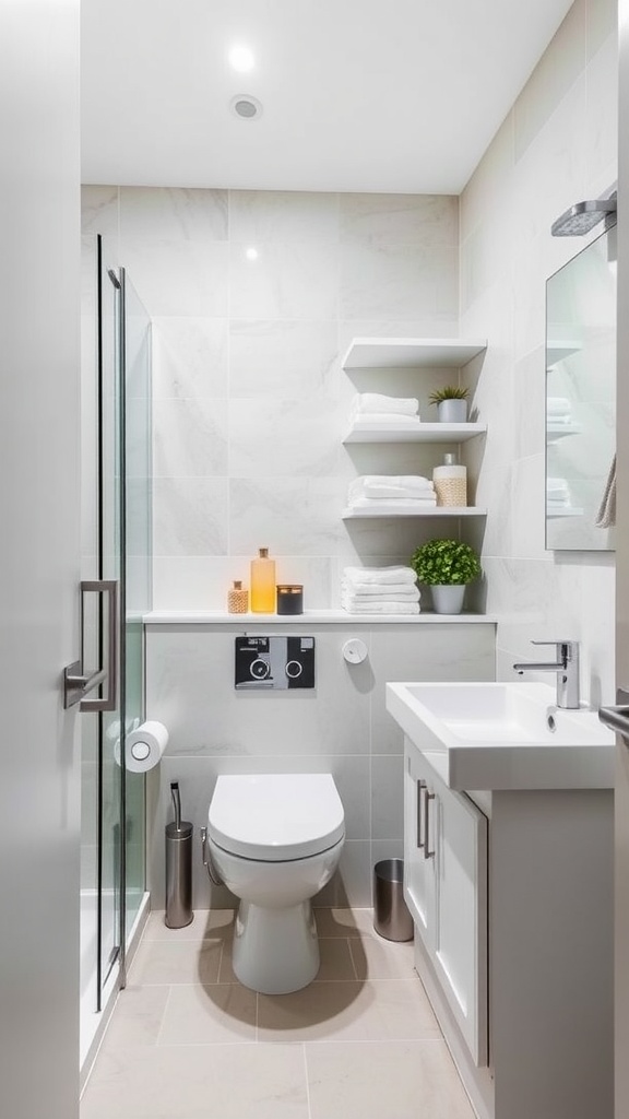 Compact ensuite bathroom with a shower, toilet, and modern storage solutions