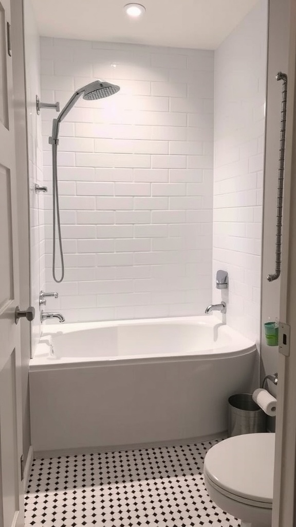 Compact bathroom with a shower and bathtub combination, featuring white tiled walls and patterned flooring.