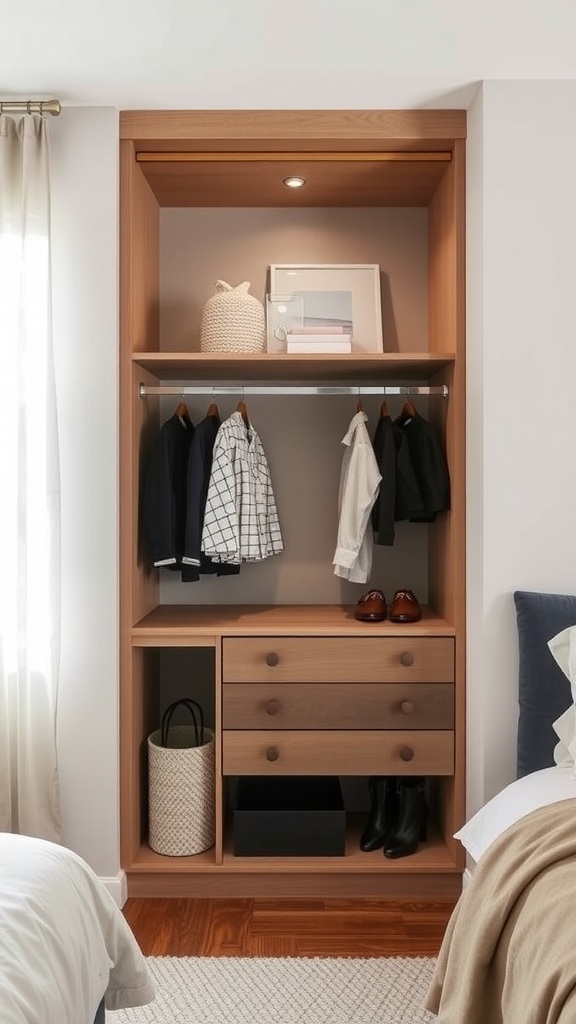 A compact corner wardrobe showcasing hanging clothes and storage drawers in a stylish bedroom setting.