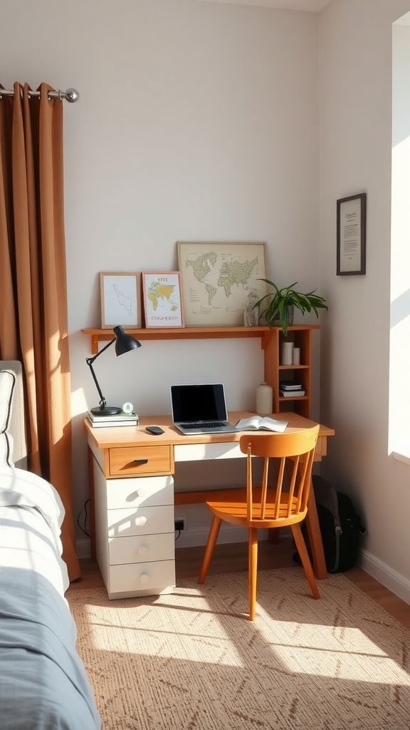 Cozy study area featuring a compact desk with a chair, laptop, and decorative wall shelf.