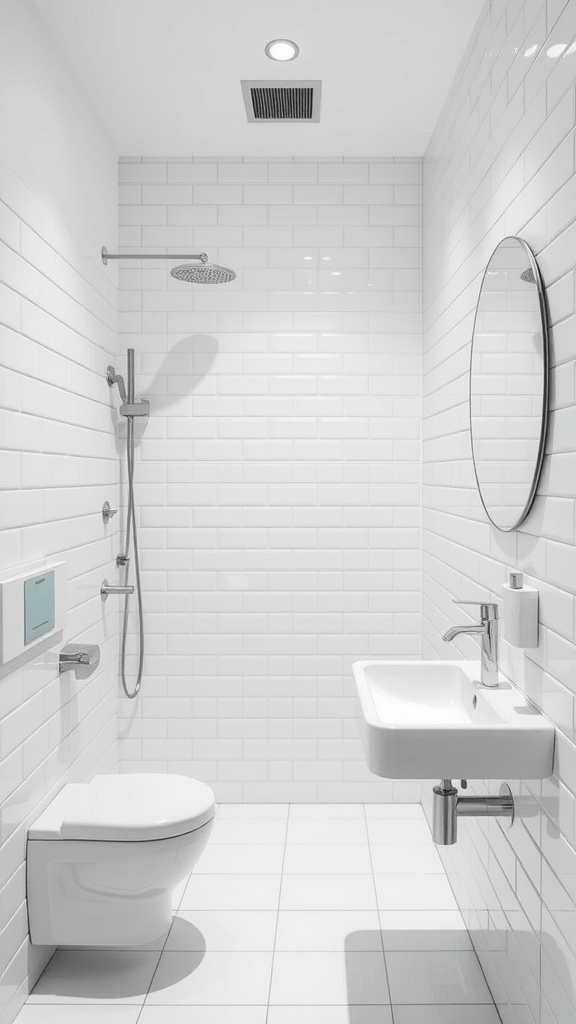 A minimalist small bathroom in white with tiled walls, a modern shower, and a wall-mounted sink.